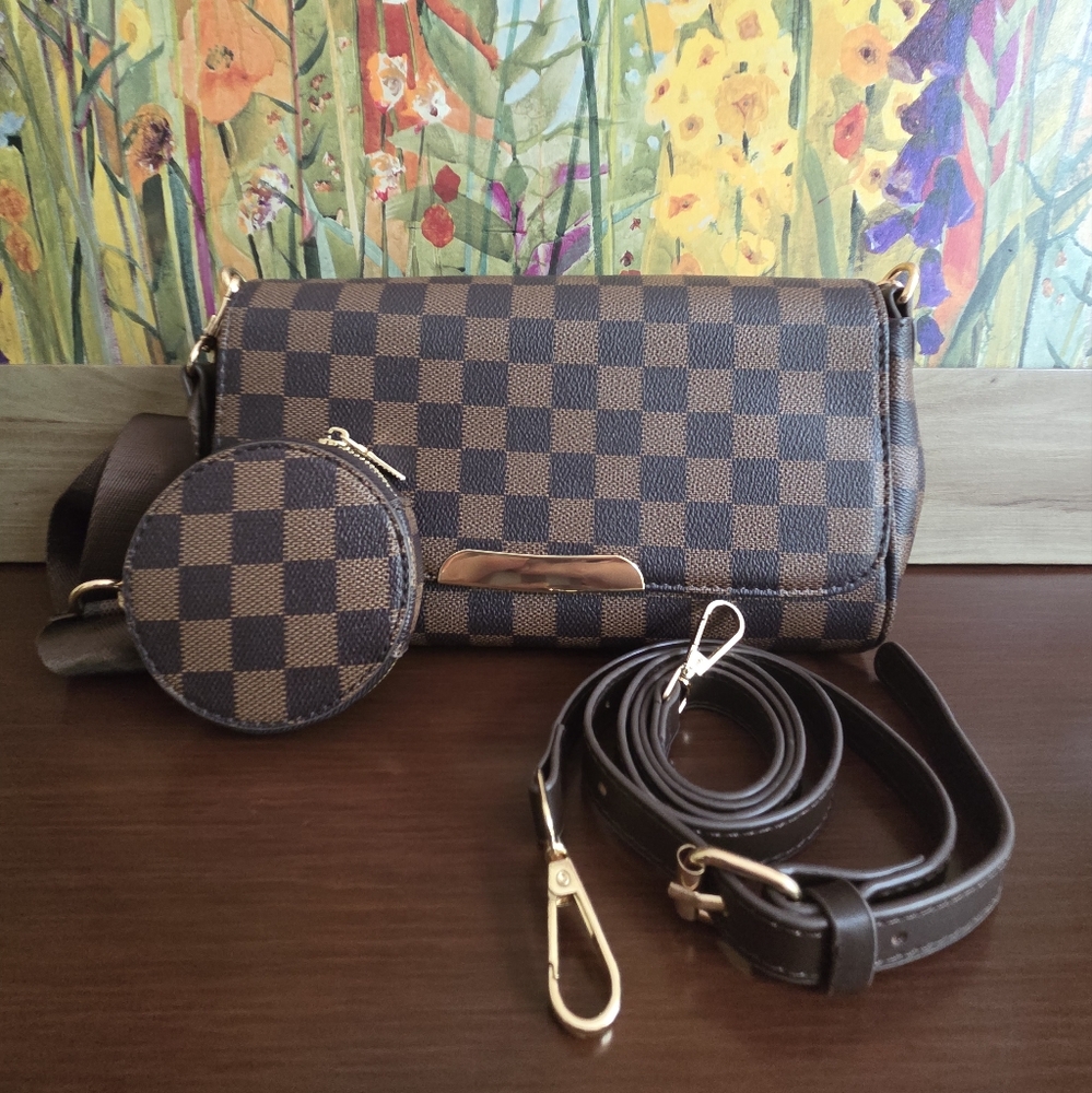 Checkered Brown Crossbody Bag with Coin Pouch